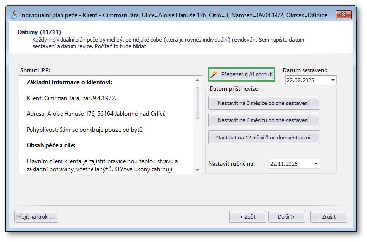 Plán IPP - poslední krok "Datumy"