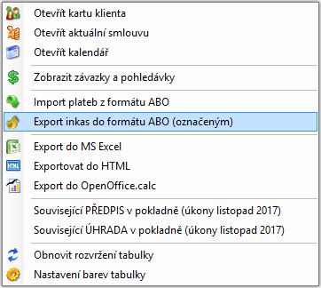 Kontextová nabídka v agendě Plateb