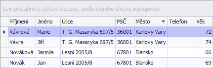 Řazení v tabulce - sloupec "Město"