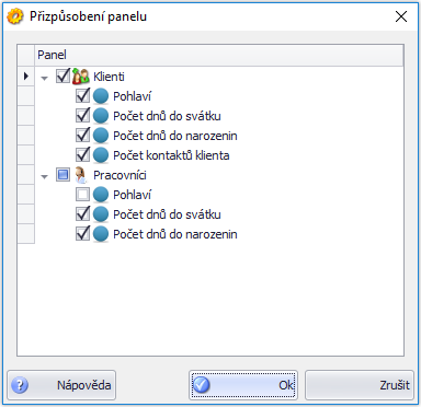 Okno "Přizpůsobení panelu"