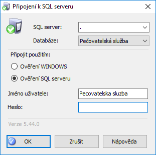 Okno "Připojení k SQL serveru"