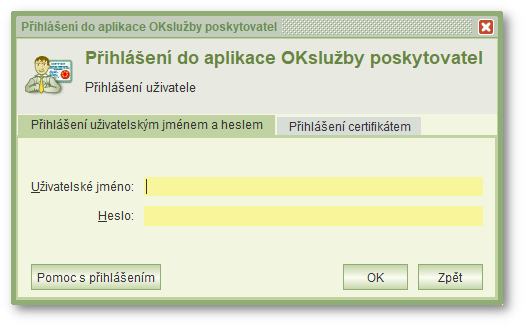 Okno pro přihlášení do aplikace OK-Poskytovatel