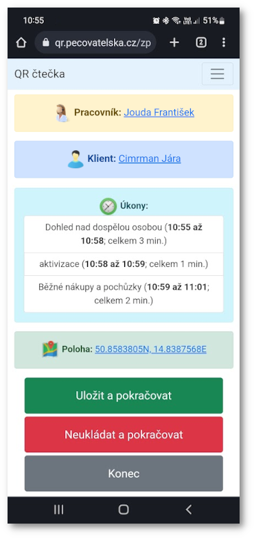 Příklad sejmutí Multi-QR kódu na mobilním zařízení.
