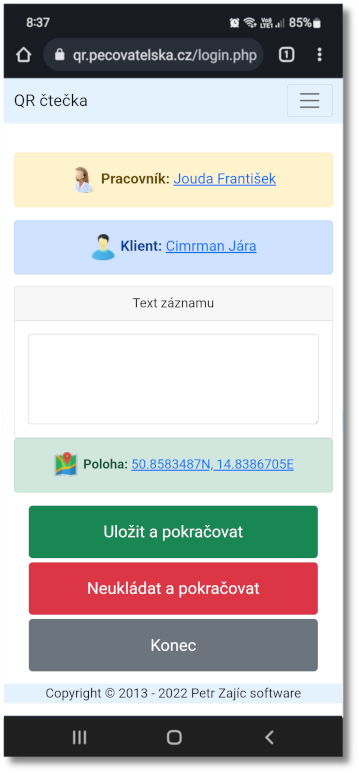 Obrazovka se záznamem textu.