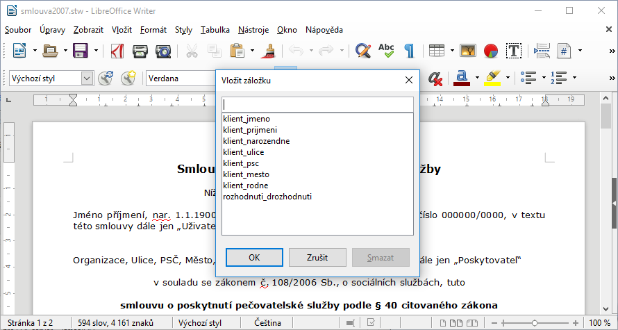 Záložky v LibreOffice Writer