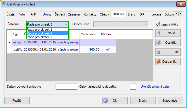 Výběrový seznam "Šablona" na kartě klienta (označen zeleně)
