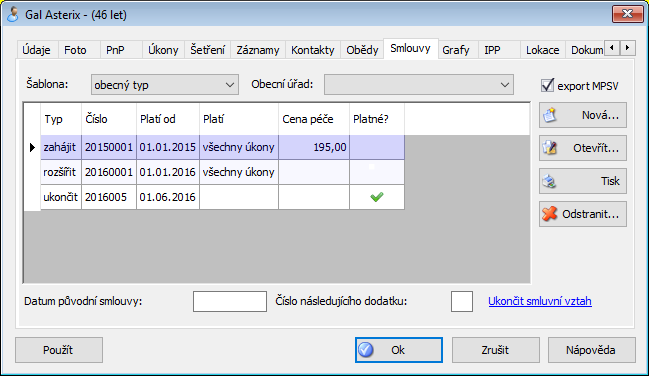 Seznam smluv na kartě klienta