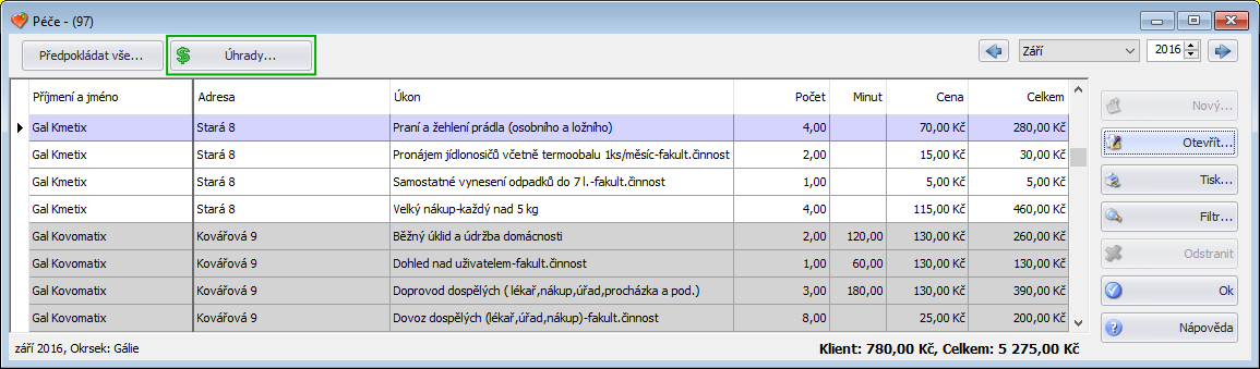 Seznam péče - tlačítko "Úhrady" (označeno zeleně)