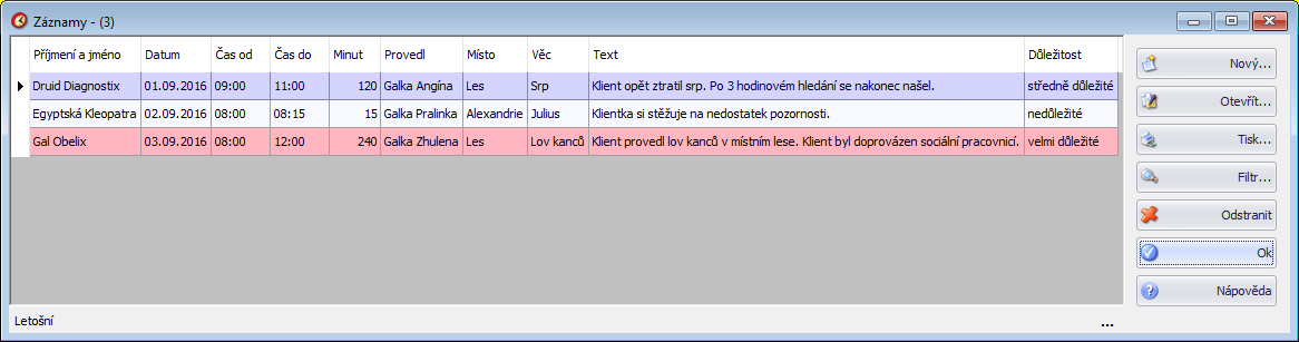 Agenda "Záznamy"