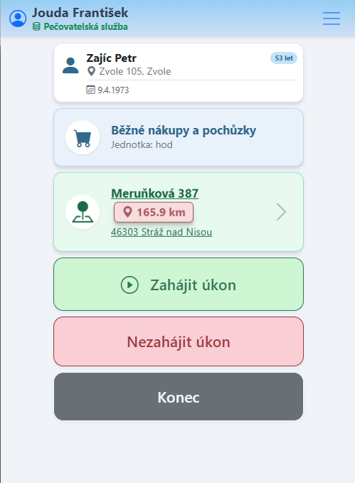 Mobilní aplikace PečAppka, ve které pracovník u klienta zahajuje úkon