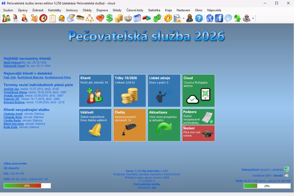 Úvodní obrazovka programu Pečovatelská služba s přehledem klientů, tržeb, cloudu a podpory